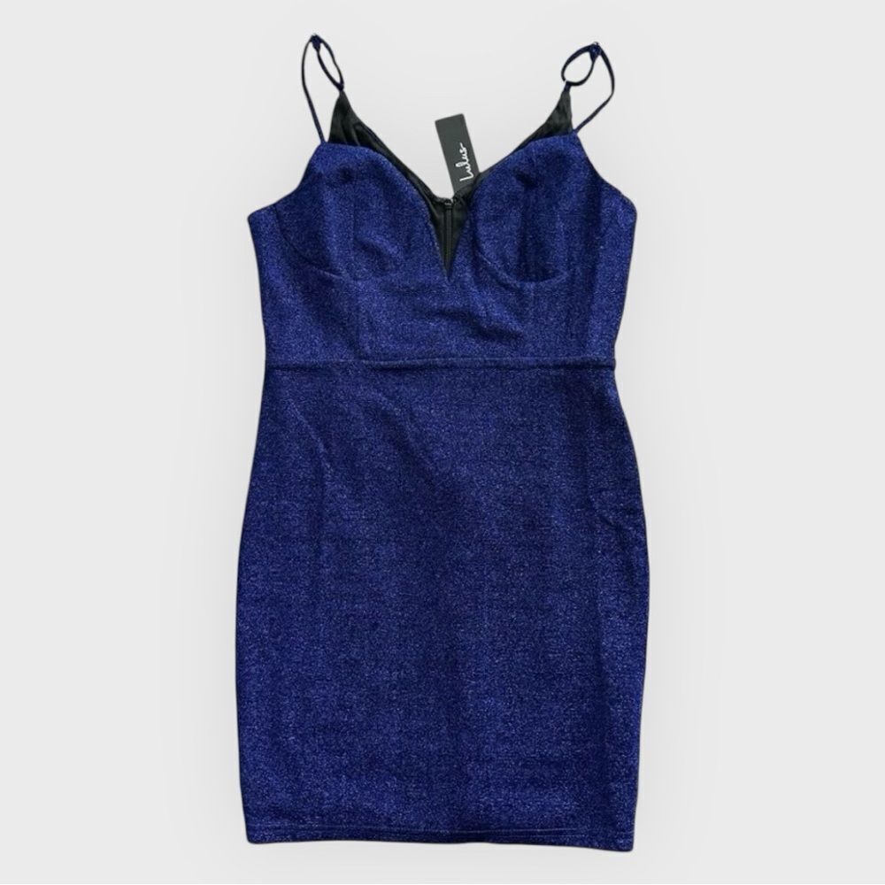 Lulus Royal Blue Glitter Lurex Bodycon Mini Dress Bustier V-Neck Medium  M NWT